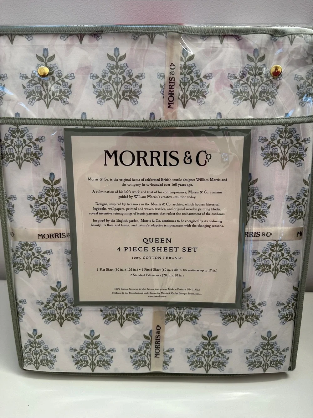 Morris & Co QUEEN 4-Piece 100% Cotton Sheet Set With Blue Flowers